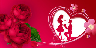 粉红色唯美人物剪影求婚剪影玫瑰花爱心展板背景